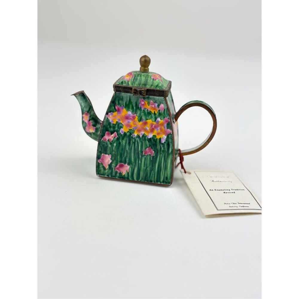 NOS Kelvin Chen Miniature Enamel Copper Decorative Teapot Mixed Tulips EL2572
